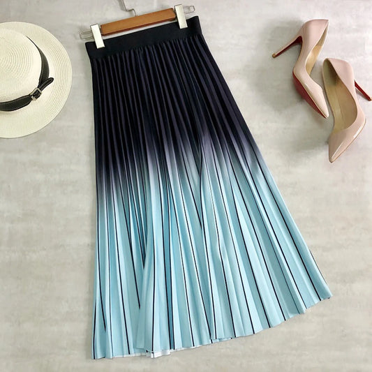 2022 Spring New Women Fashion Long Midi Skirt QZ0238 Gradient Color Korean Casual Style Pleated Skirts Y2K